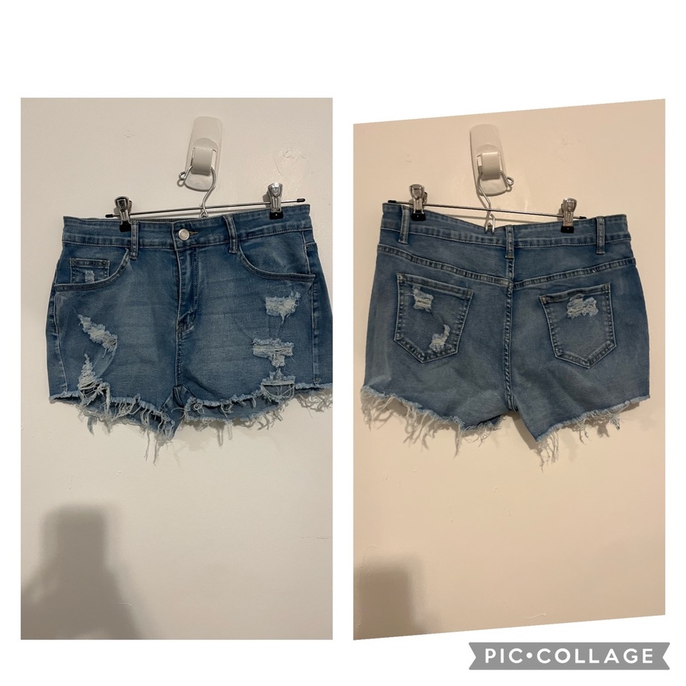 Shein light denim frayed, ripped shorts, size L